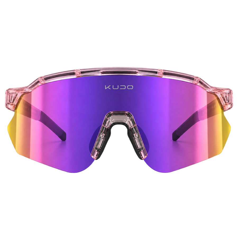 KUDO Shield performance sunglasses with pink mirrored lens, front view